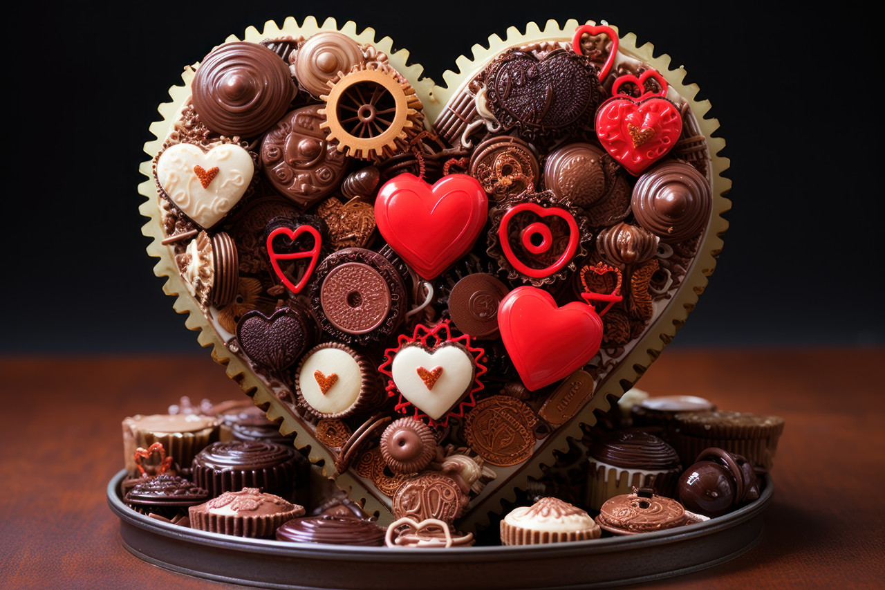 Heart shaped chocolates as clock gears, valentine, dating and love proposal image