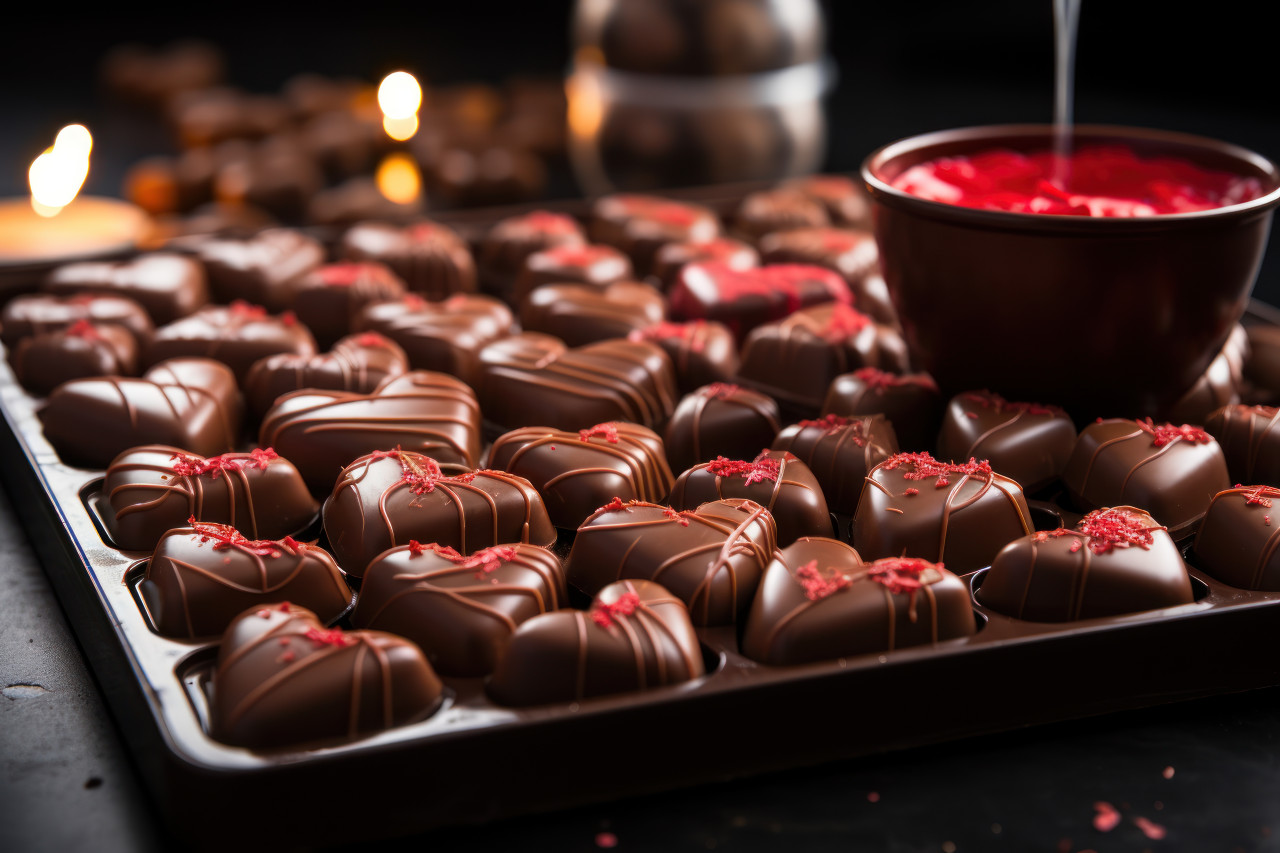 Pouring devotion into crafting heart shaped chocolates, valentine, dating and love proposal image