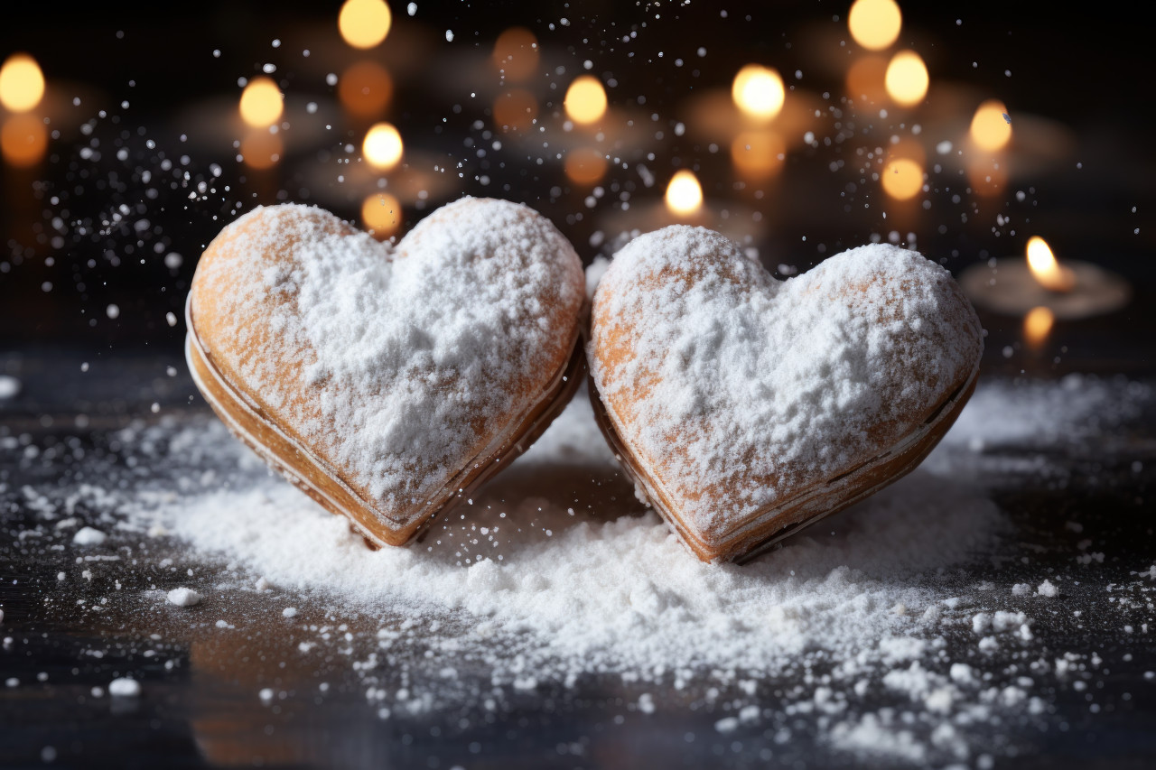Heart shaped cookies glistening in a studio snowfall of powdered sugar, valentine, dating and love proposal image