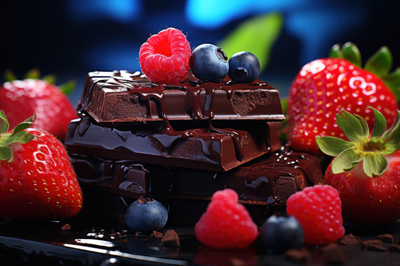 Metallic and neon chocolate drizzled strawberries in a futuristic ambiance, valentine, dating and love proposal image