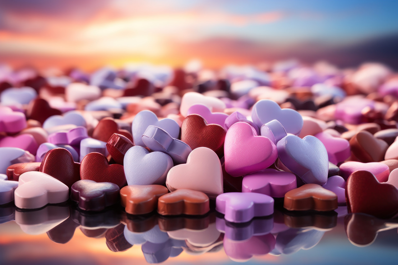 Dreamy pastels frame heart shaped chocolates in a surreal scene, valentine, dating and love proposal image