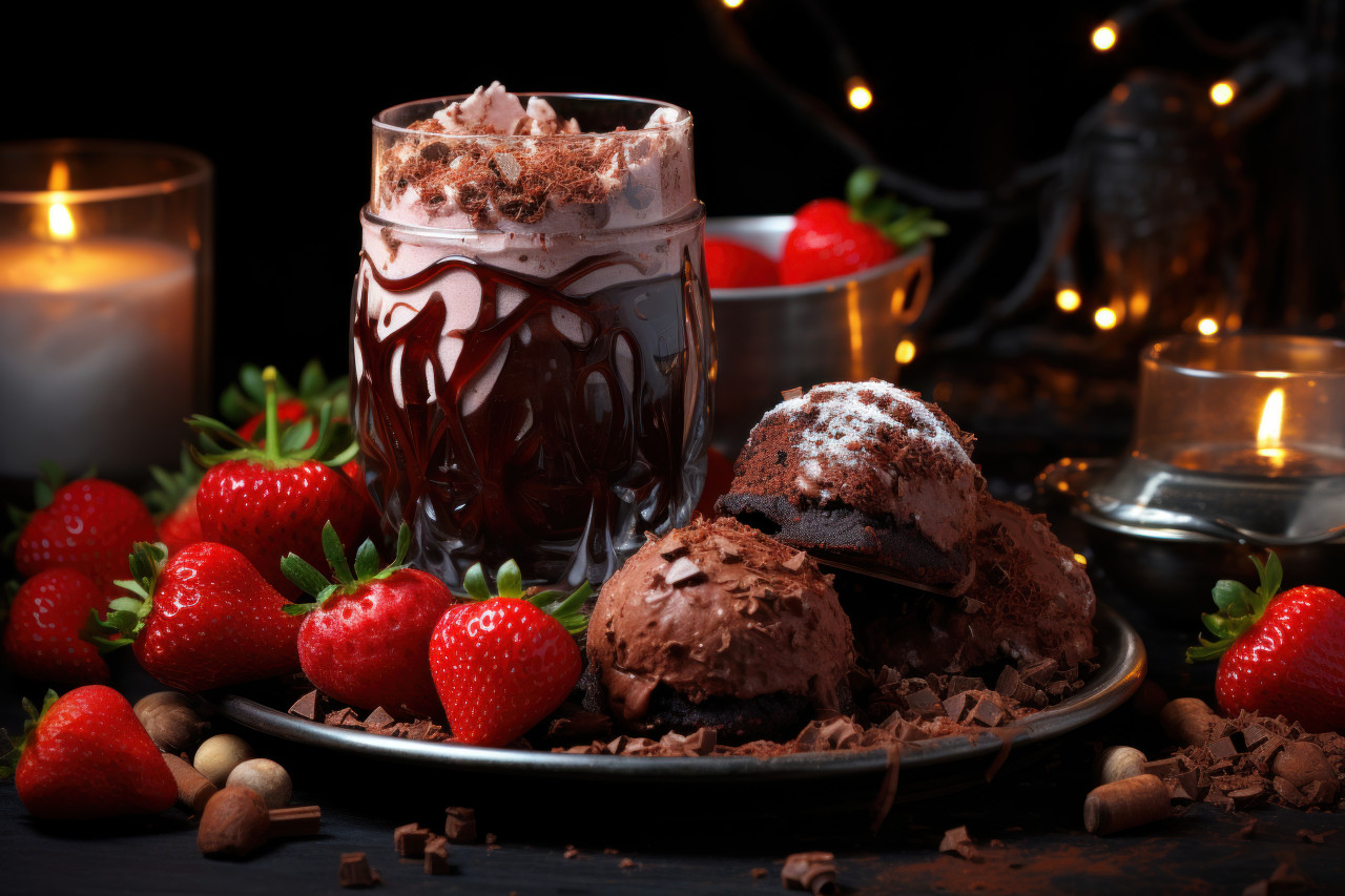 Moonlit strawberries dipped in radiant chocolate, valentine, dating and love proposal image