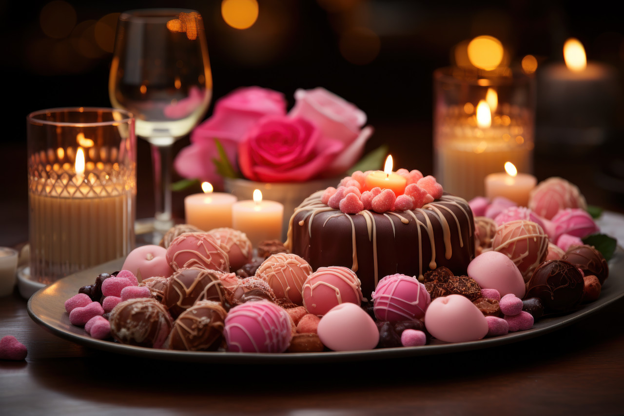 Heartfelt chocolates take center stage in a romantic feast, valentine, dating and love proposal image