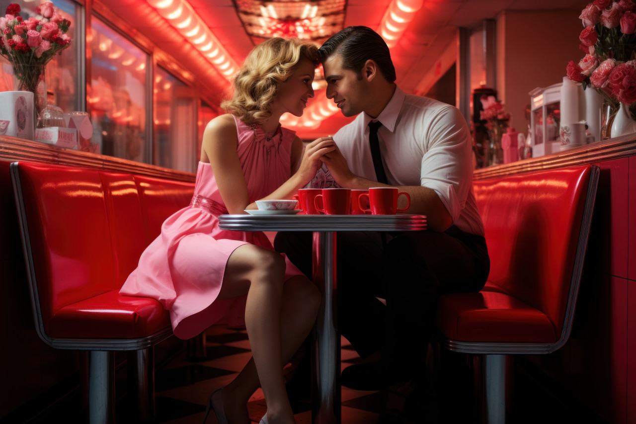 Couple dines in a retro diner booth with checkered floors and nostalgic neon signs, valentine, dating and love proposal image