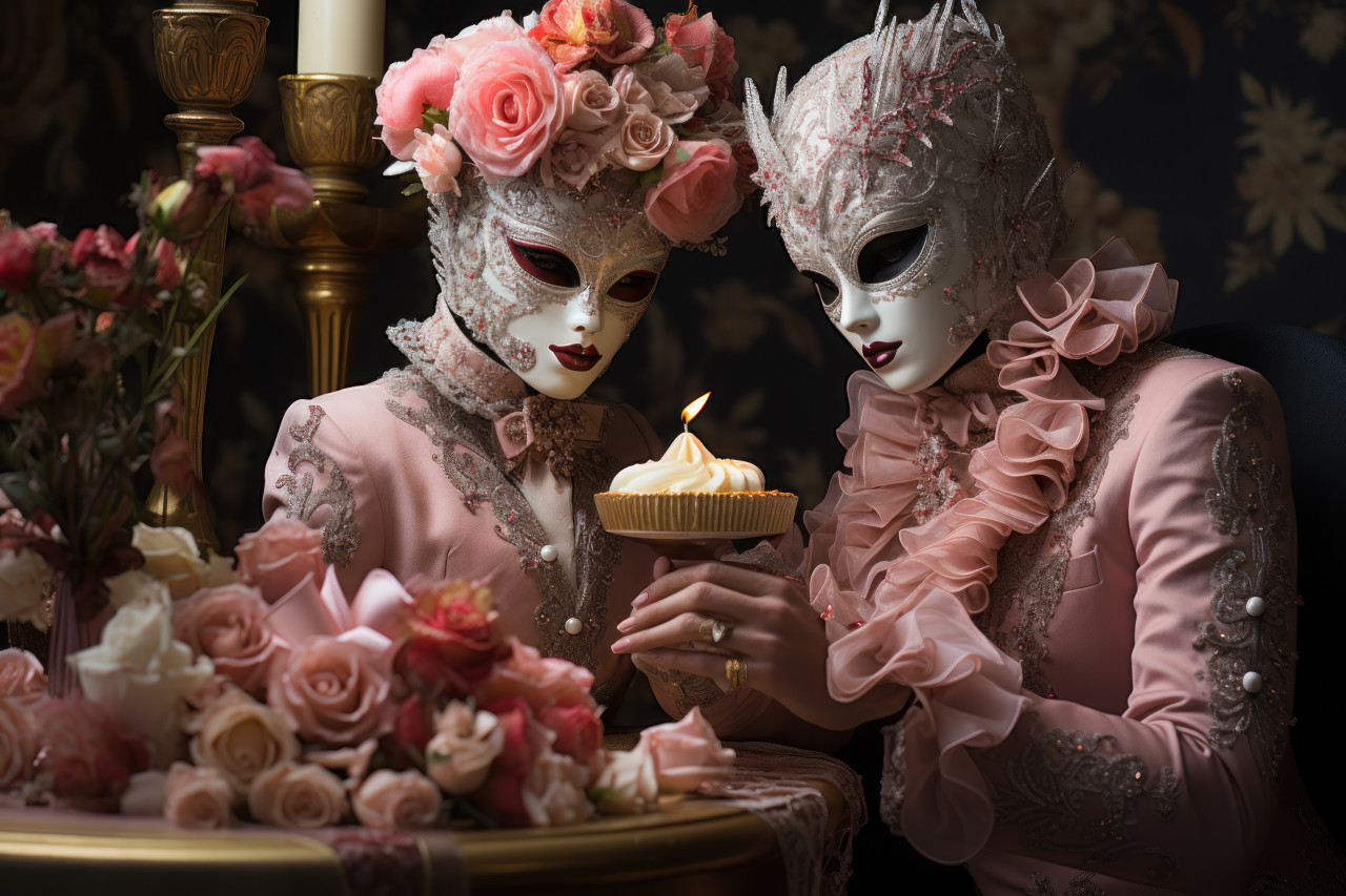 Couple in masquerade masks cuts cake with exquisite mask decorations, valentine, dating and love proposal image