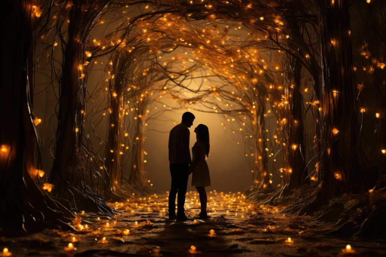Couple in a enchanted forest sharing ethereal gifts amidst fireflies and twinkling stars, valentine, dating and love proposal image
