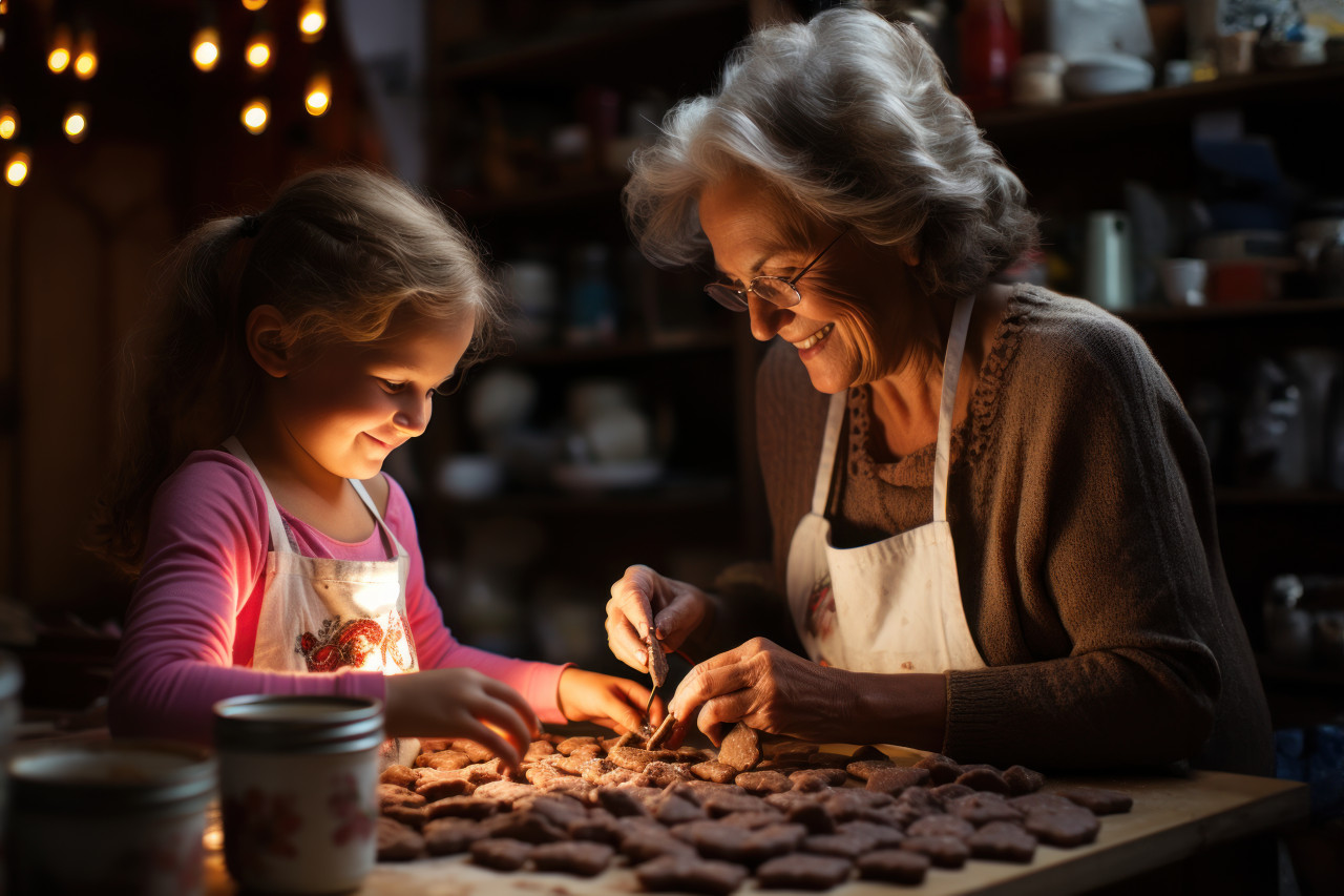 Grandmother teaches grandchild the art of crafting heart shaped cookies passing down treasured traditions, valentine, dating and love proposal image