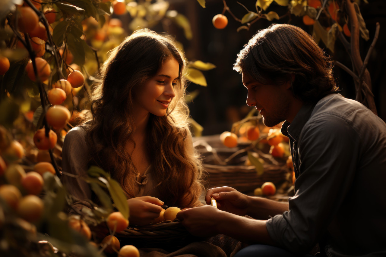 Couple in a sea of golden leaves shares autumn flowers for a cozy romantic ambiance, valentine, dating and love proposal image