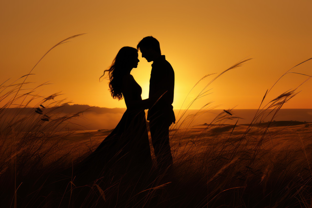 Sunset silhouette with one partner proposing on a hill, valentine, dating and love proposal image