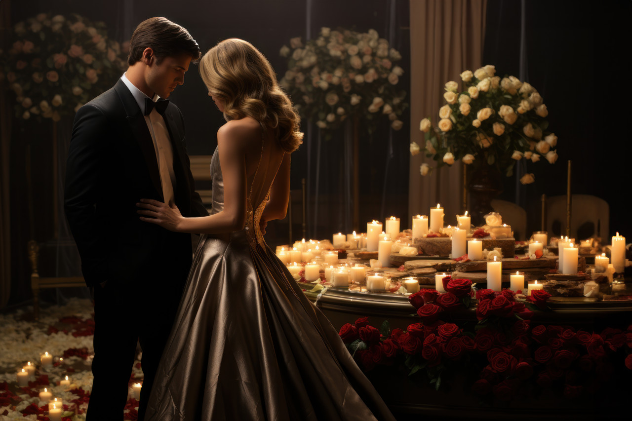 Couple celebrates in grand style with a lavish cake, engagement, wedding and anniversary image