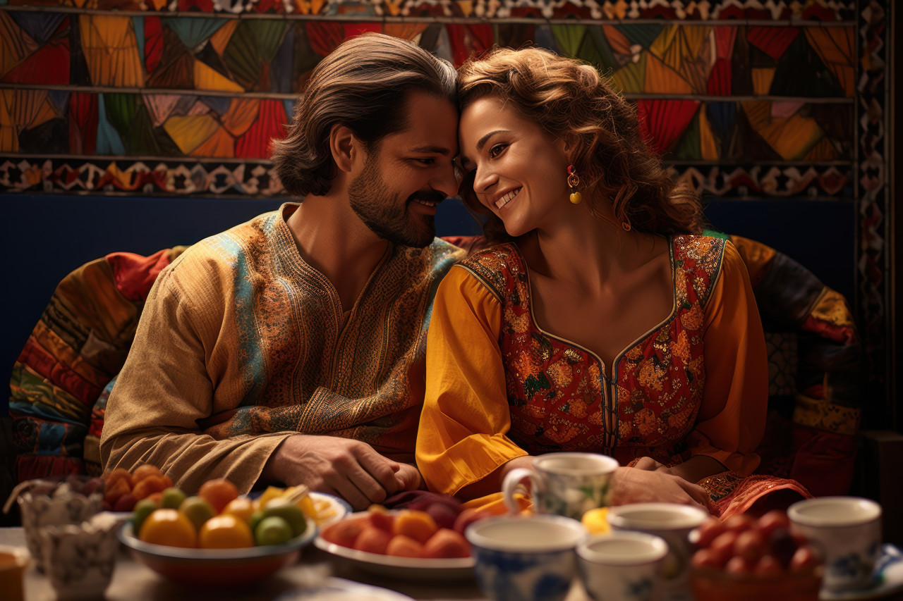 Couple indulging in a feast with vibrant surroundings, valentine, dating and love proposal image