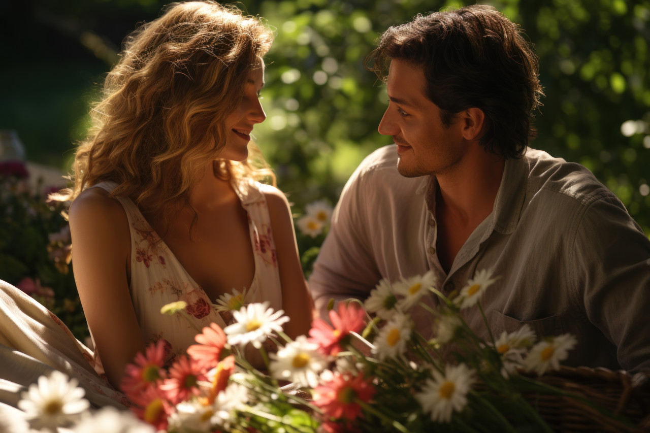 Thoughtful gift exchange in a serene natural setting, engagement, wedding and anniversary image