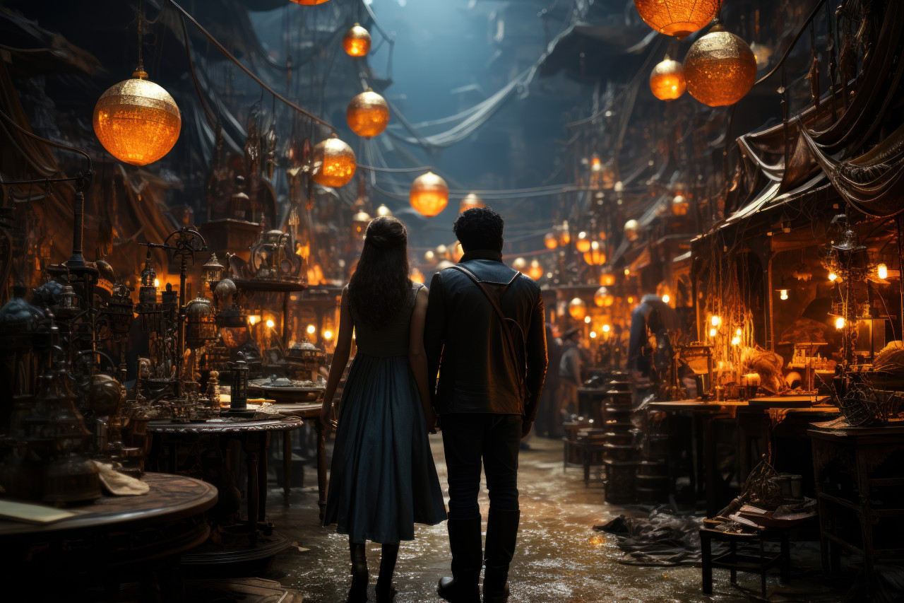 Couple exchange in a mystical bazaar, engagement, wedding and anniversary image