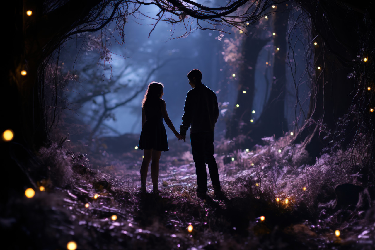 Couple floral exchange in a mystical forest illuminated by moonlight, engagement, wedding and anniversary image
