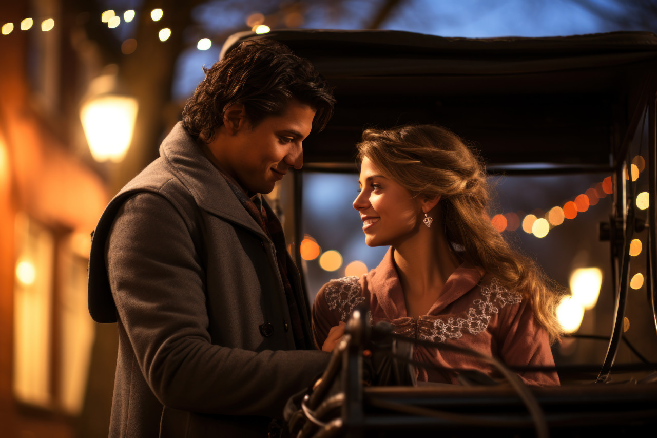 Partner proposes under fairy lights during a charming carriage ride, engagement, wedding and anniversary image