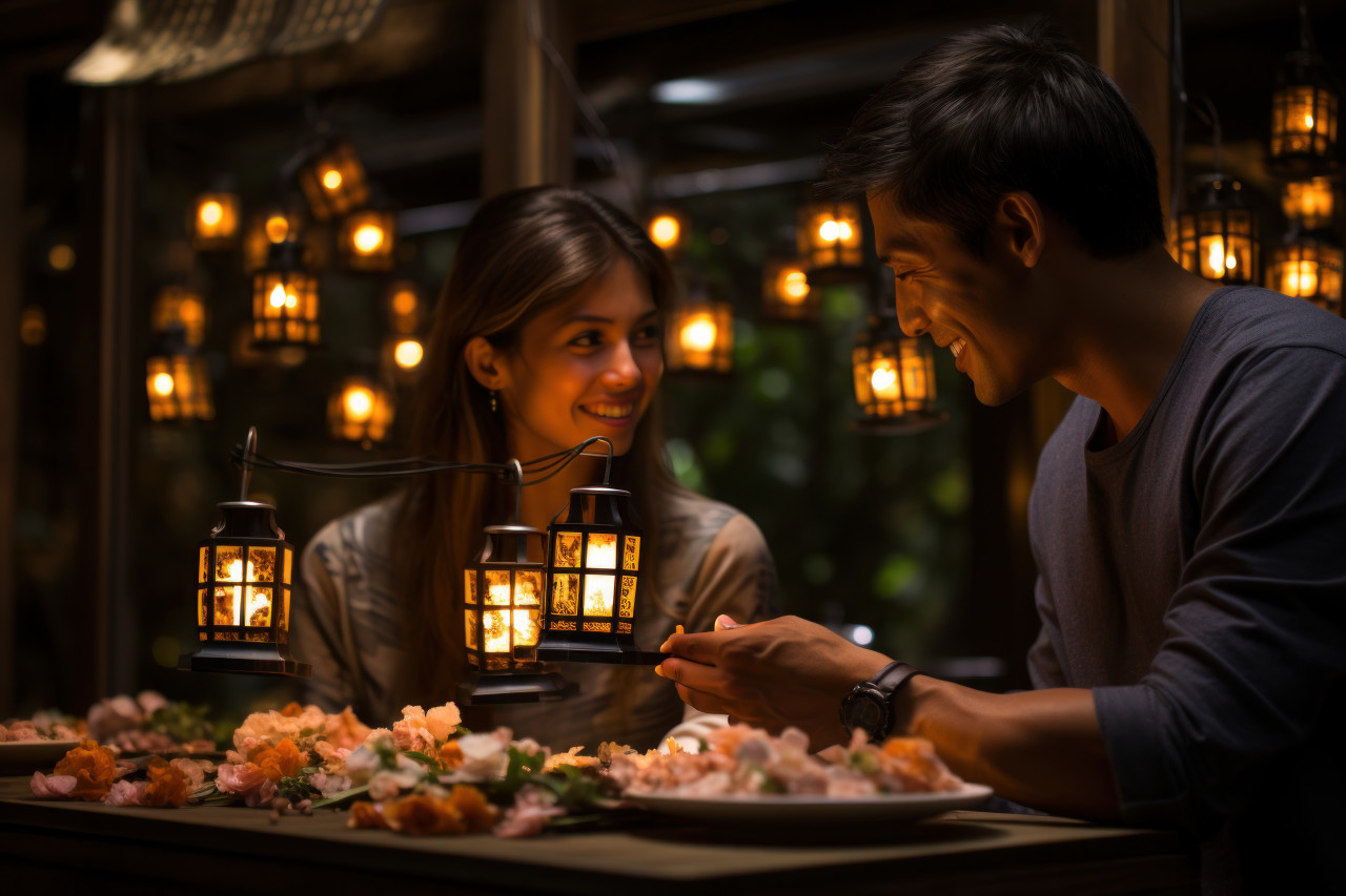 Couple enjoys dinner amidst softly glowing lanterns, valentine, dating and love proposal image