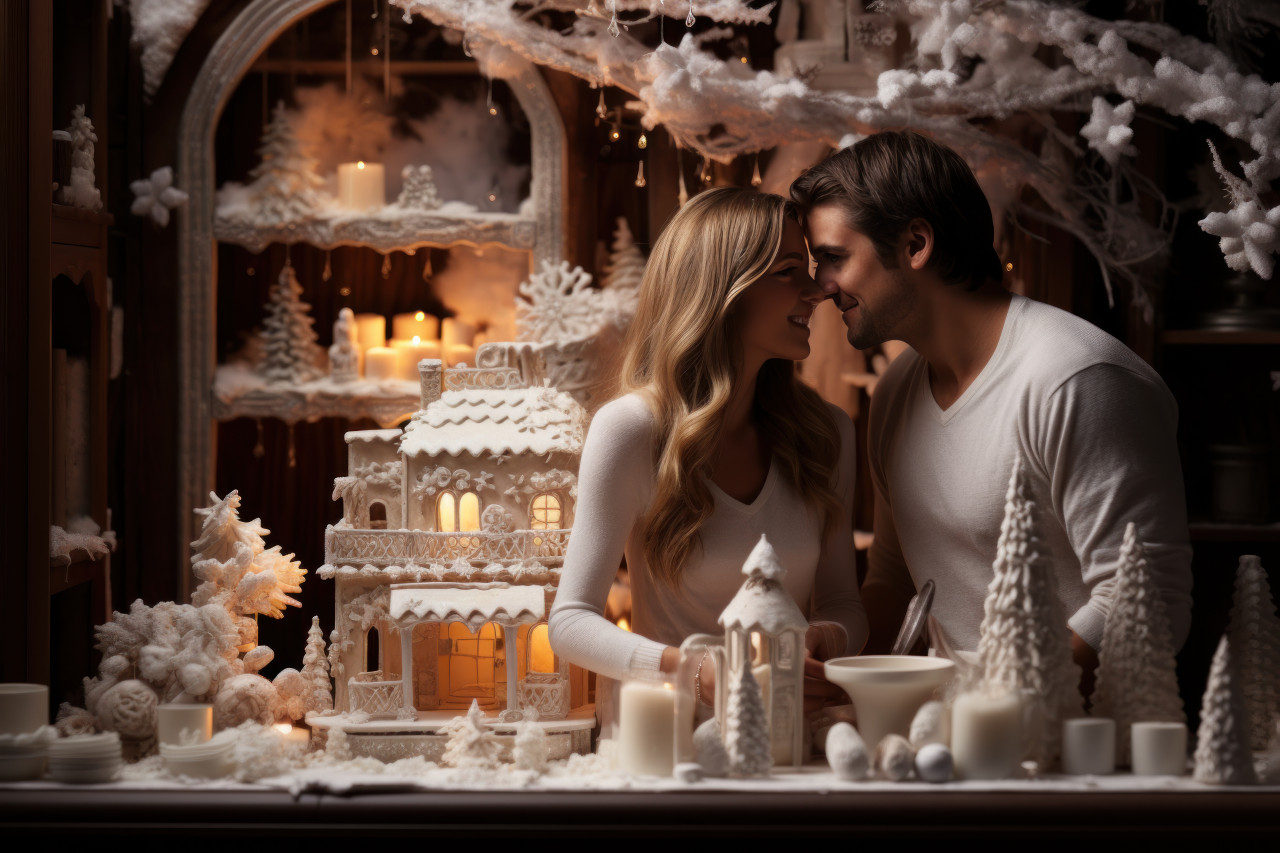 Couple cuts into a cake bedecked with snowflakes and icicles, valentine, dating and love proposal image