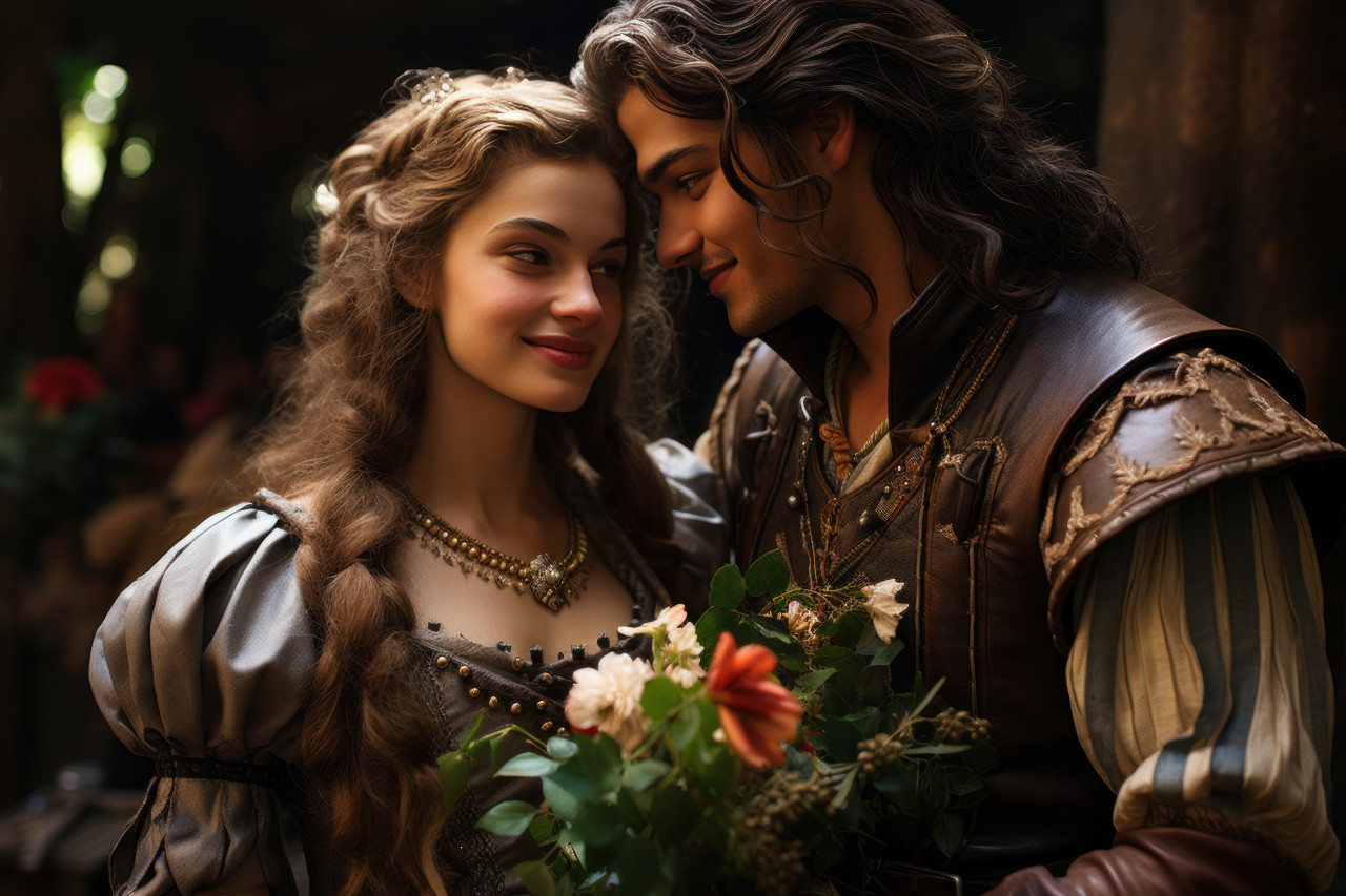 Couple embraces in a renaissance fair exchanging blooms, valentine, dating and love proposal image