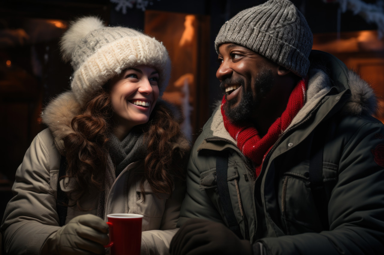 Couple enjoying hot cocoa amidst a snow covered winter wonderland, engagement, wedding and anniversary image