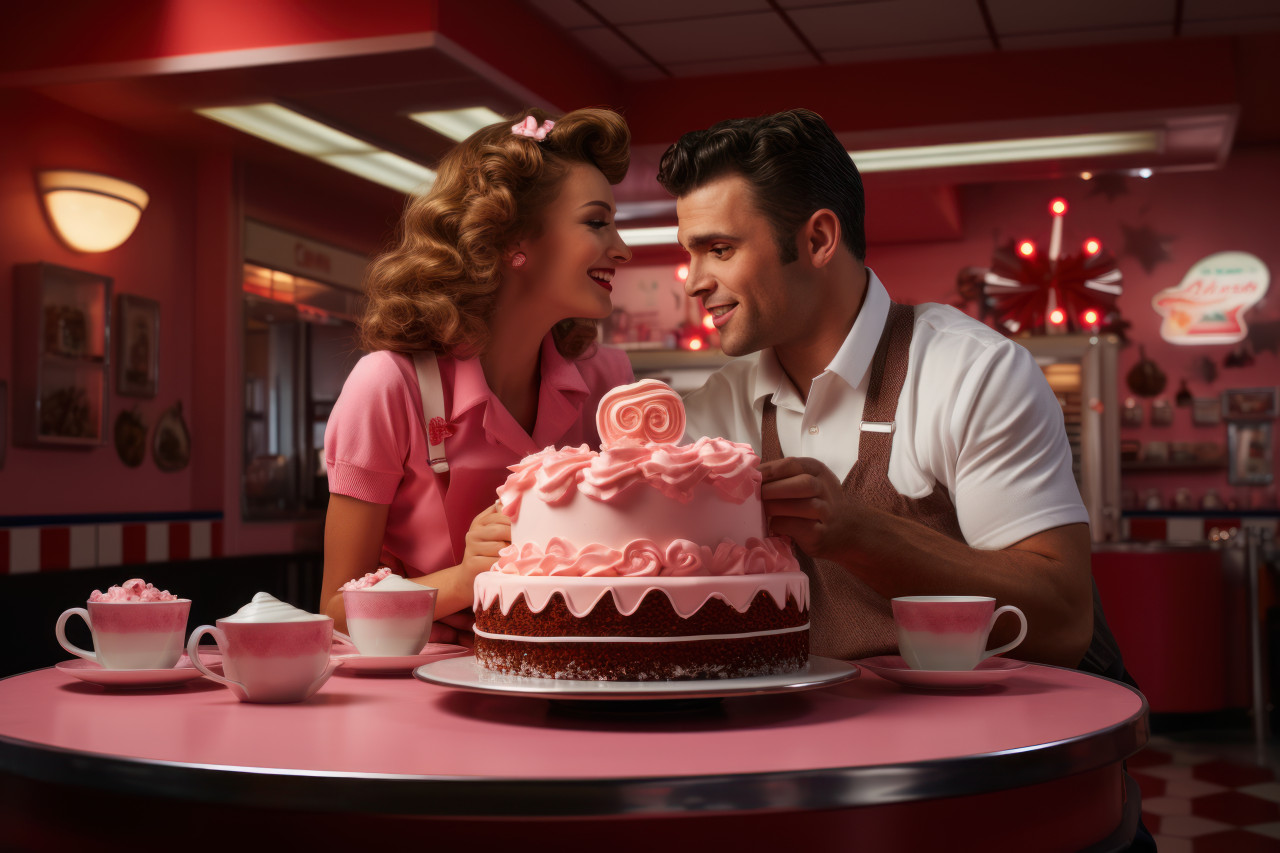 Retro diner cake cutting with a couple and classic motifs, engagement, wedding and anniversary image