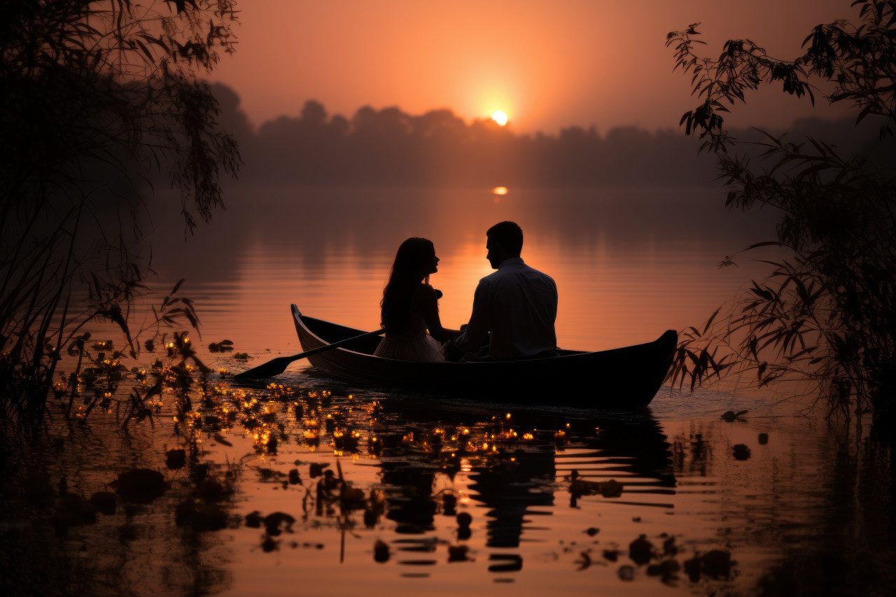 Romantic gesture in a rowboat under the soft glow of candlelight, engagement, wedding and anniversary image