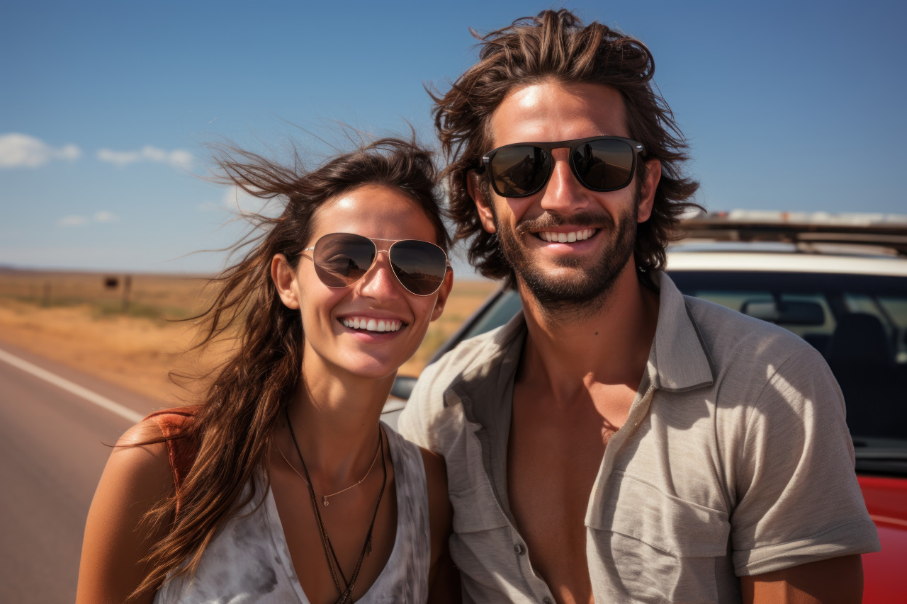Couple poses cheerfully next to a classic convertible on their impromptu road trip, engagement, wedding and anniversary image