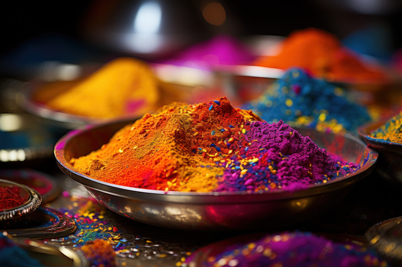Colorful chaos frisbees bursting with holi powder, holi festival image download