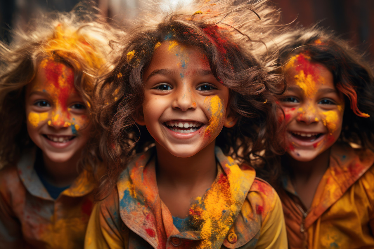 Children in vibrant celebration, holi festival image download