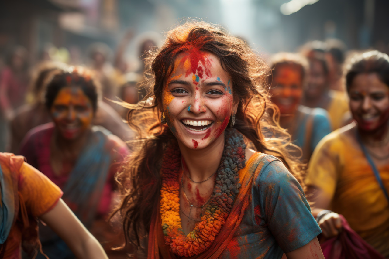 Celebrating holi diversity in a lively parade, holi festival image download