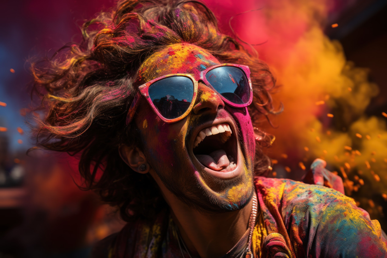 Festivity holi powder and glitter burst from party horns, holi festival image download