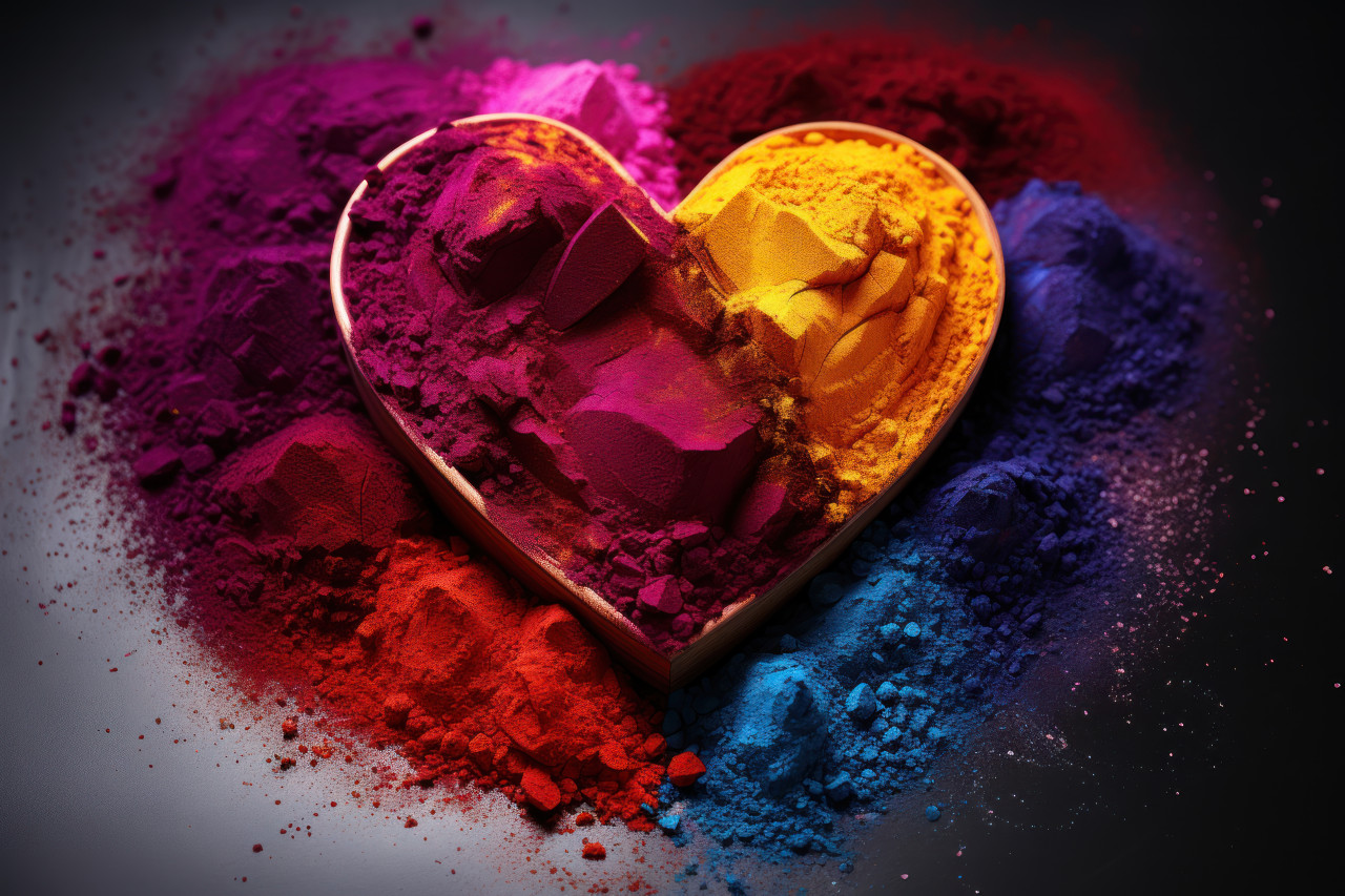 Holi powder crafted into a heart symbolizing celebration and affection, holi festival image download