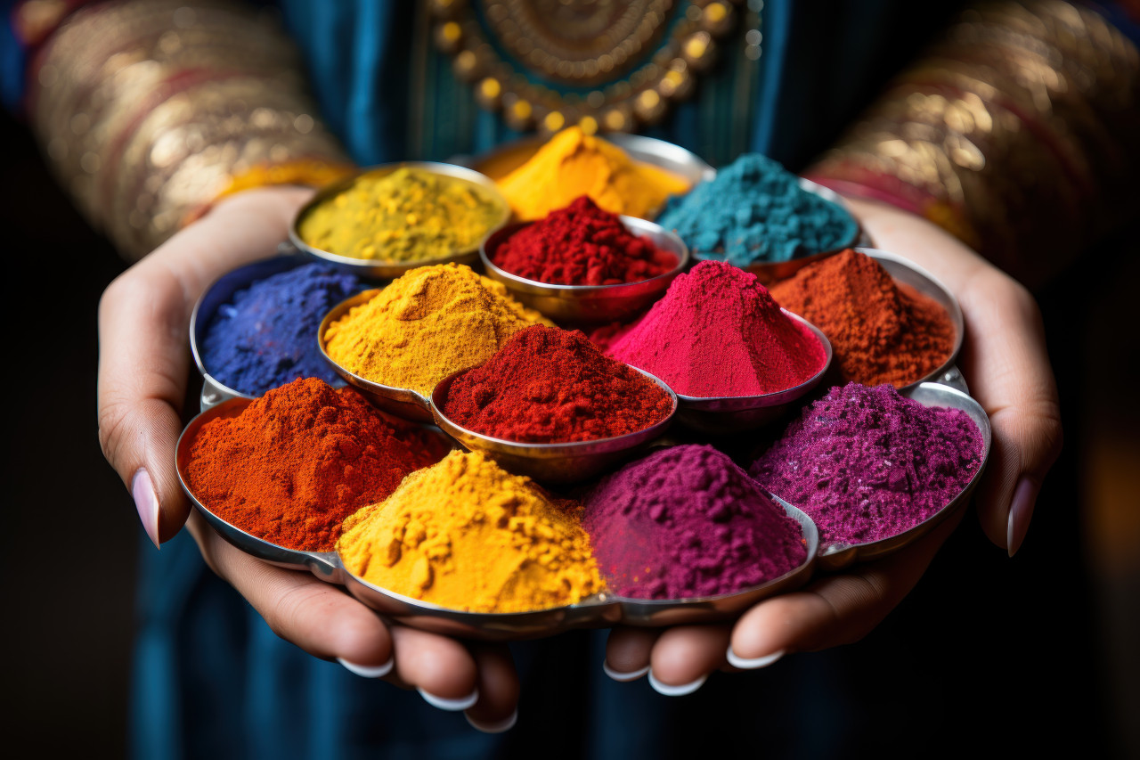 Hands presenting holis colorful palette, holi festival image download