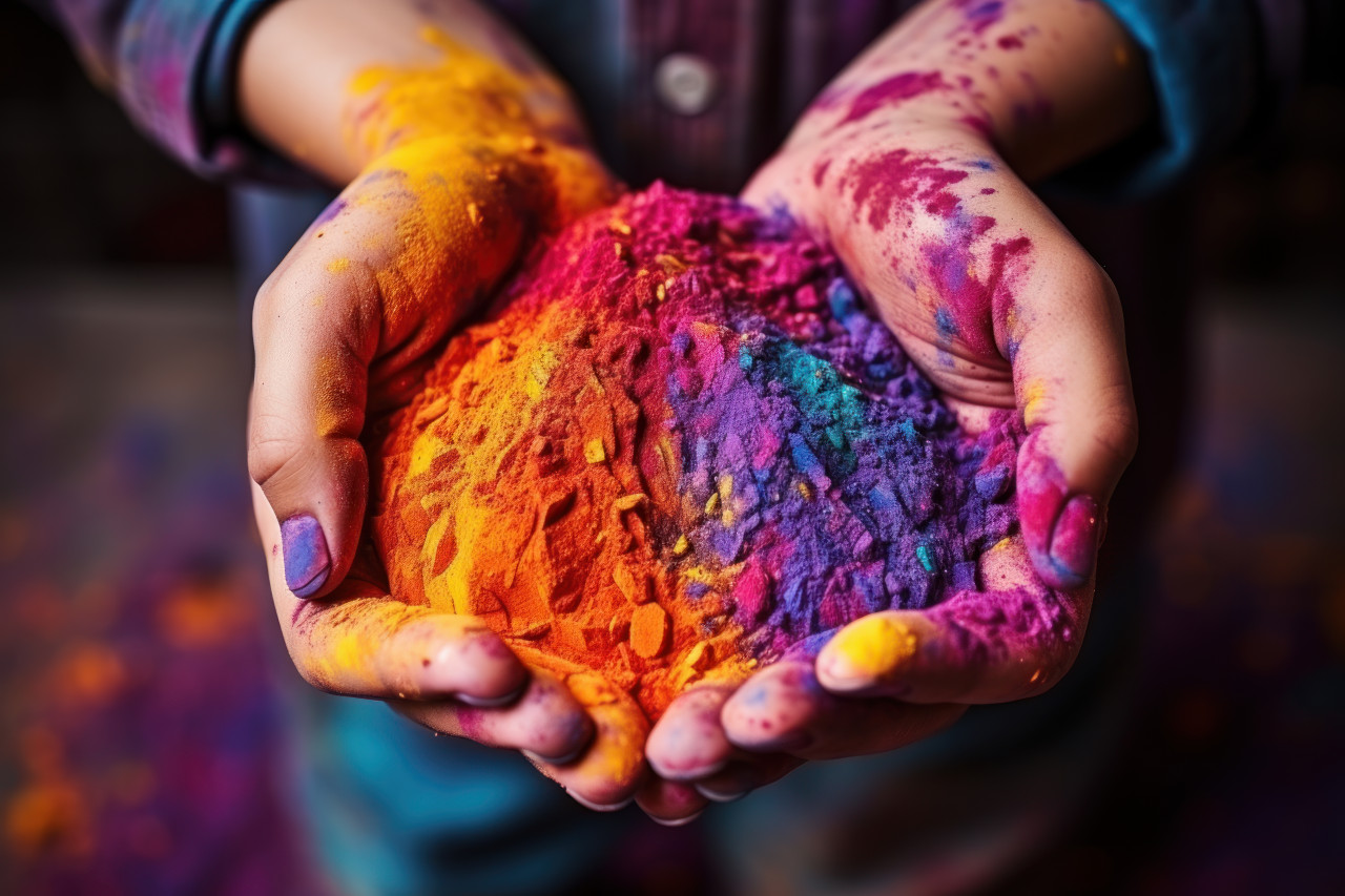 Child hands covered in holi vibrancy, holi festival image download
