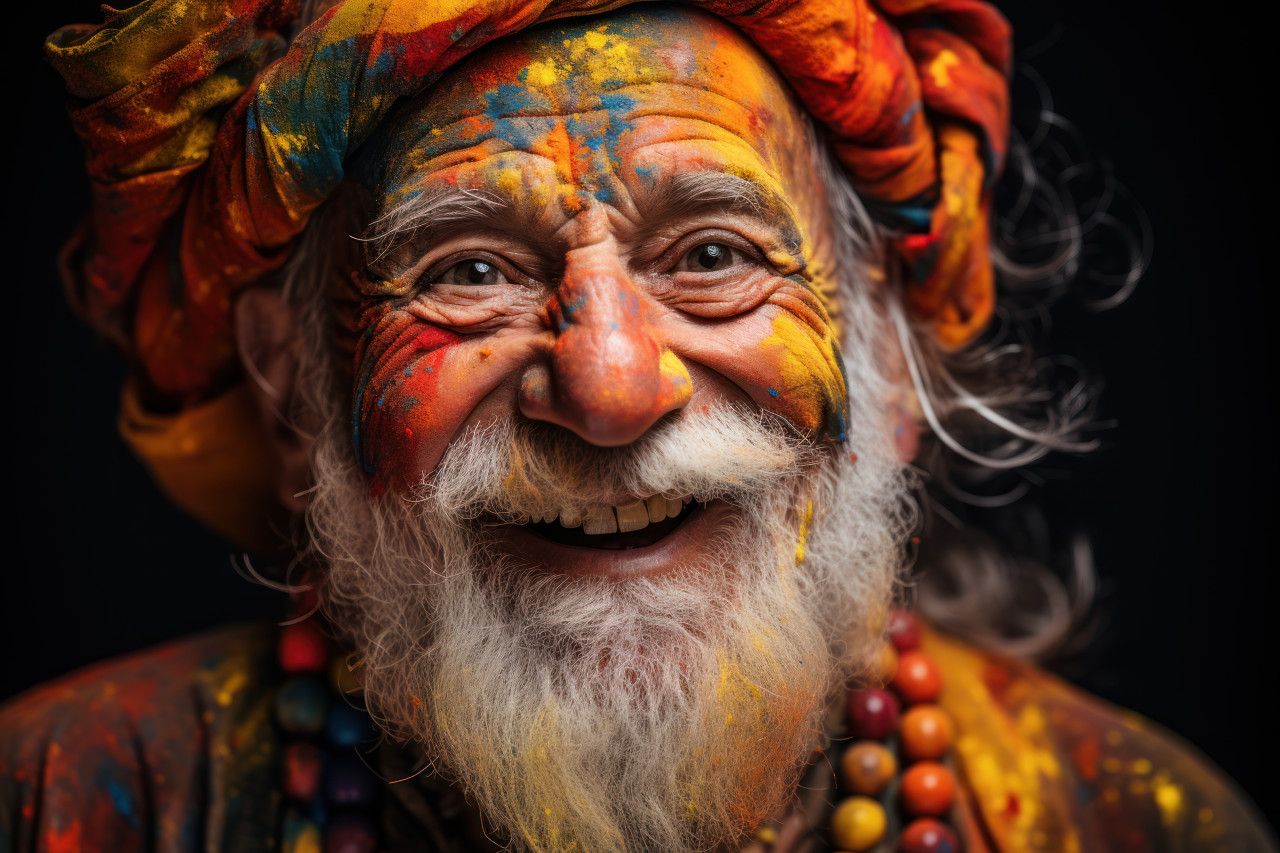 Joyful elderly participant in holi festive colors, holi festival image download