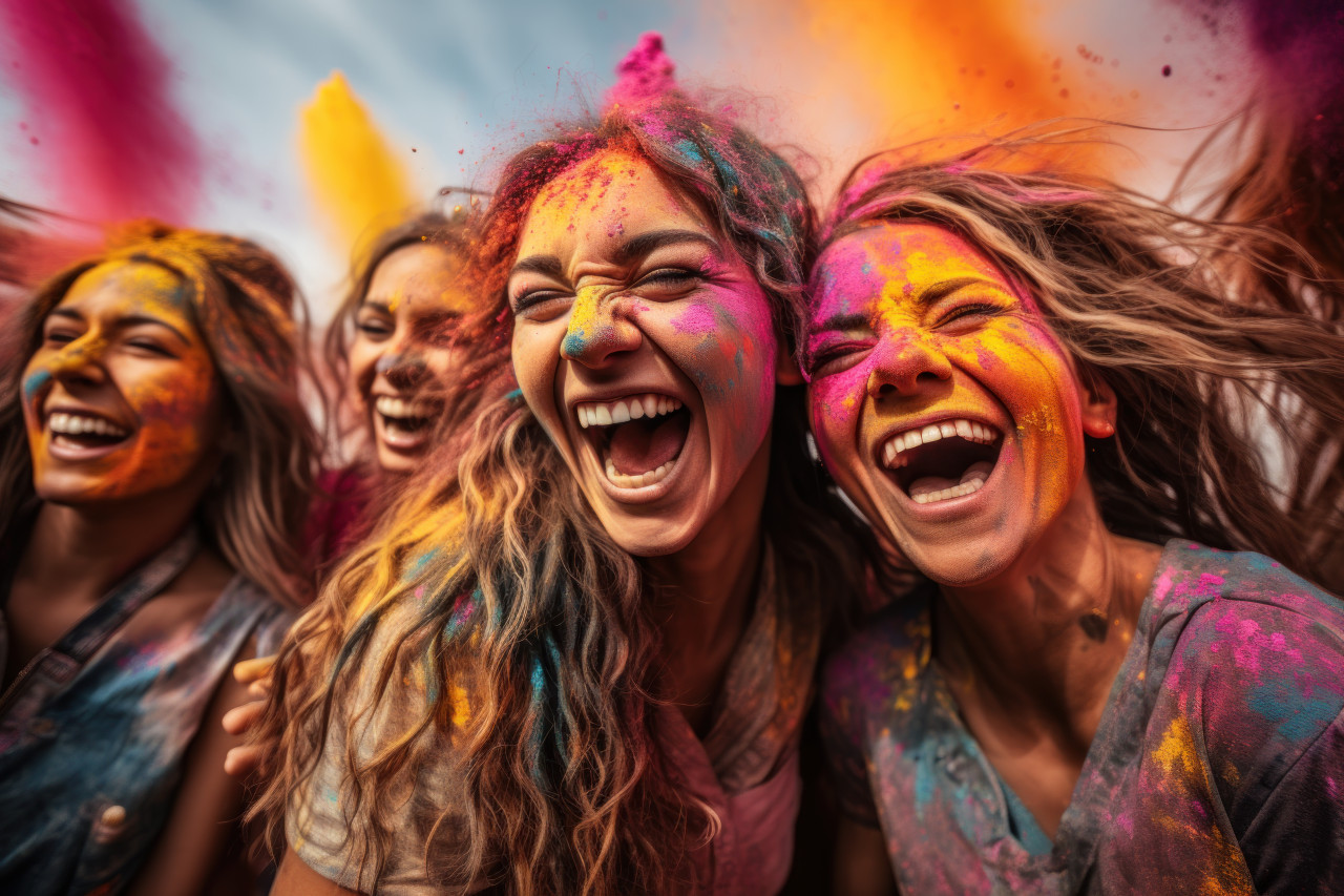 Powdered laughter friends capturing joy in holi vibrancy, holi festival image download