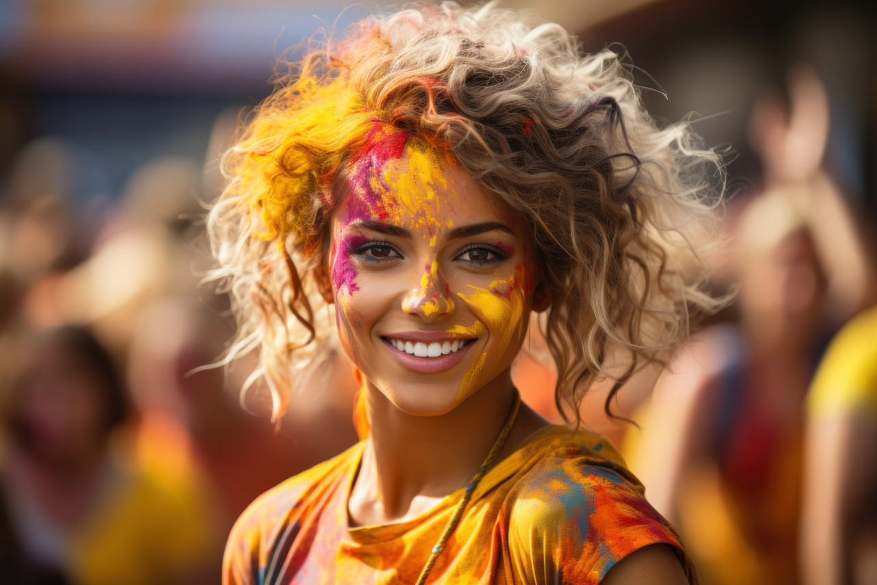 Charming young girl engulfed in festive paint, holi festival image download
