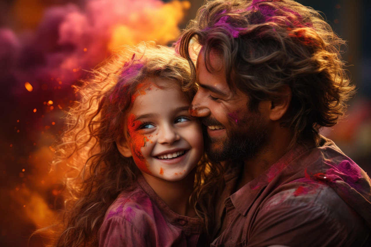 Father and child immersed in holi festivities, holi festival image download