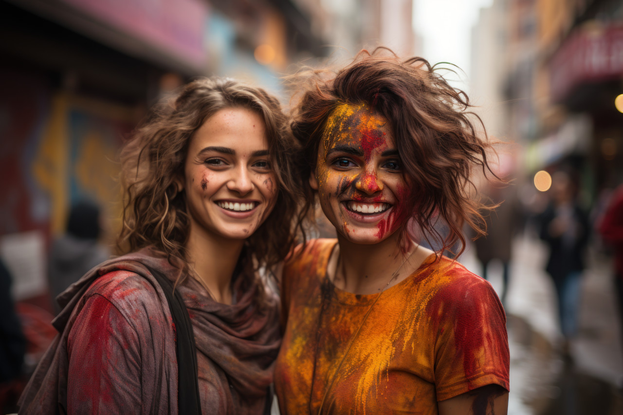 Two women immersed in holi festivities, holi festival images hd