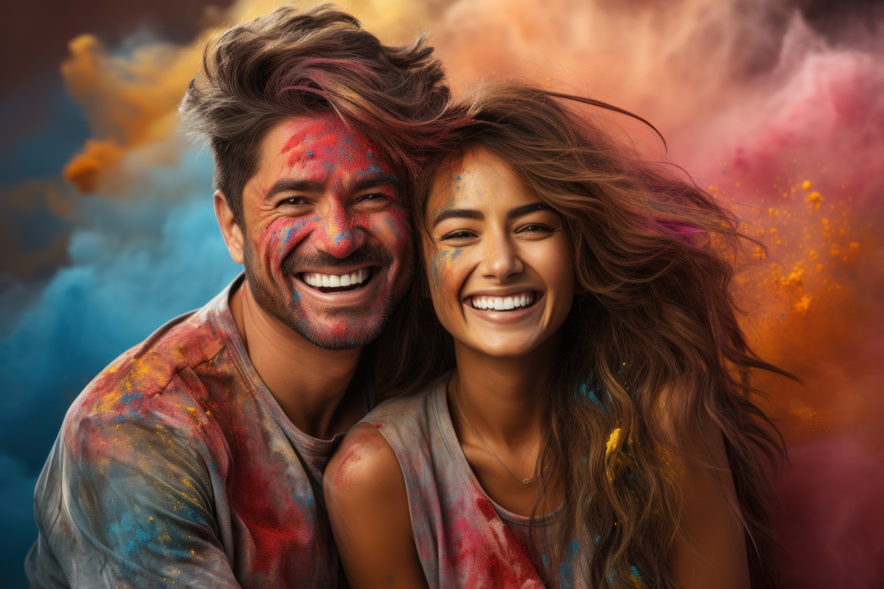 Indian couple immersed in vibrant powder celebrations, holi festival images hd