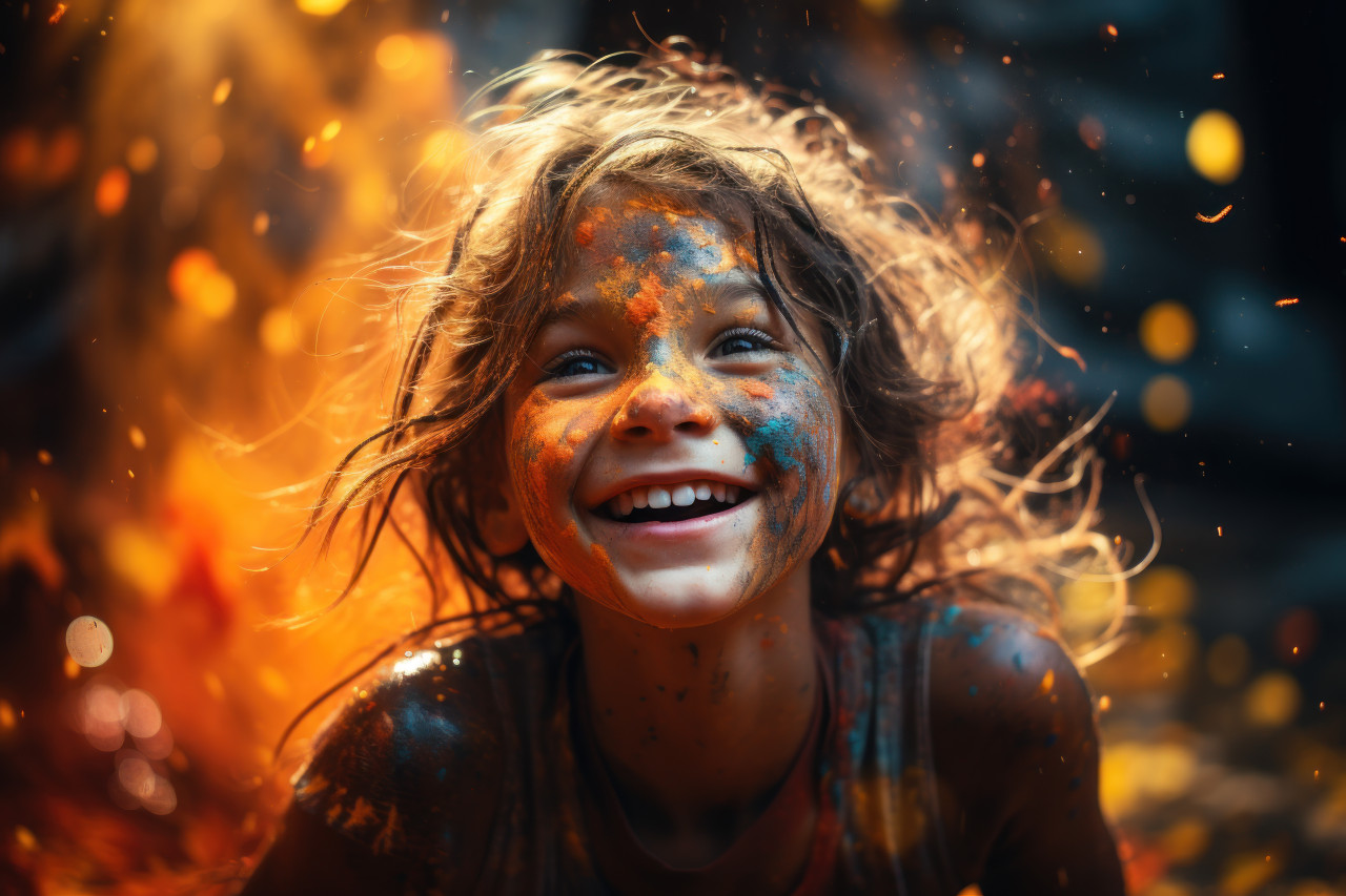 Young girl amid colorful powder play, holi festival image download