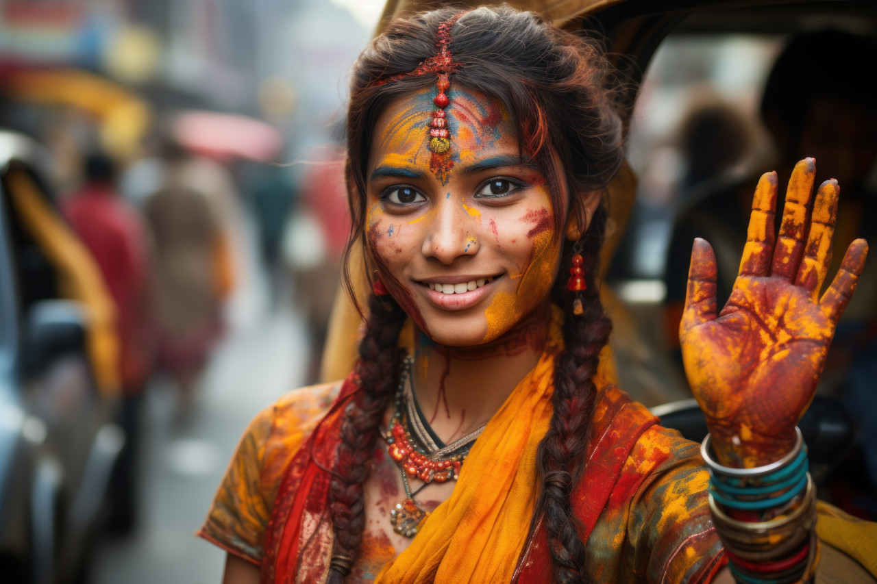 Woman with holi painted hands enlivening indian streets, holi festival image download