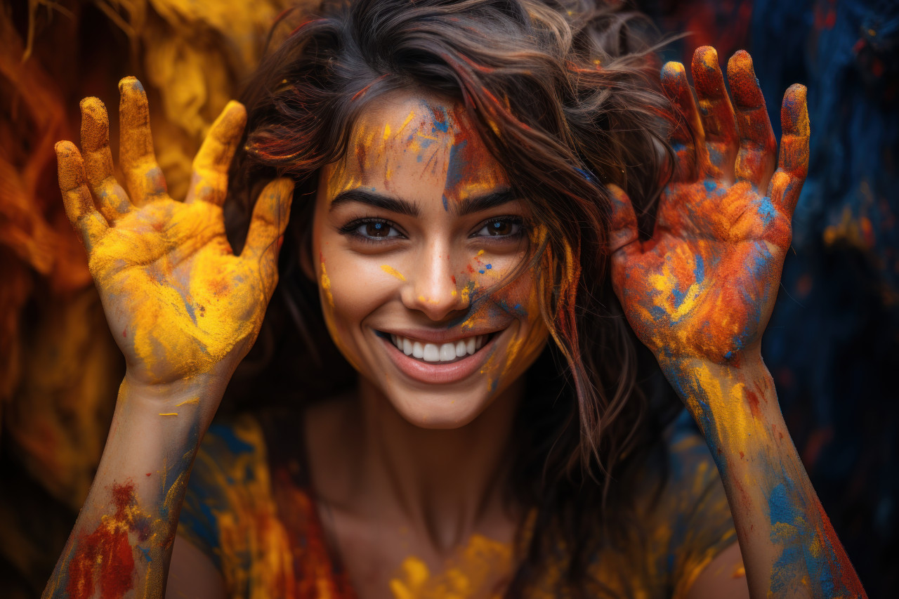 Woman brimming with joy and painted hands, holi festival image download