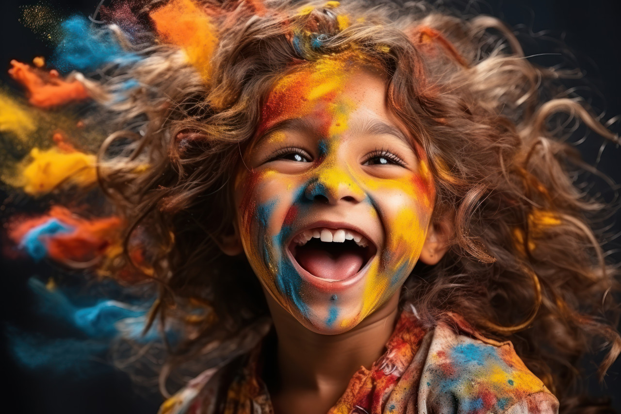 Child girl immersed in colorful painting play, holi festival image download