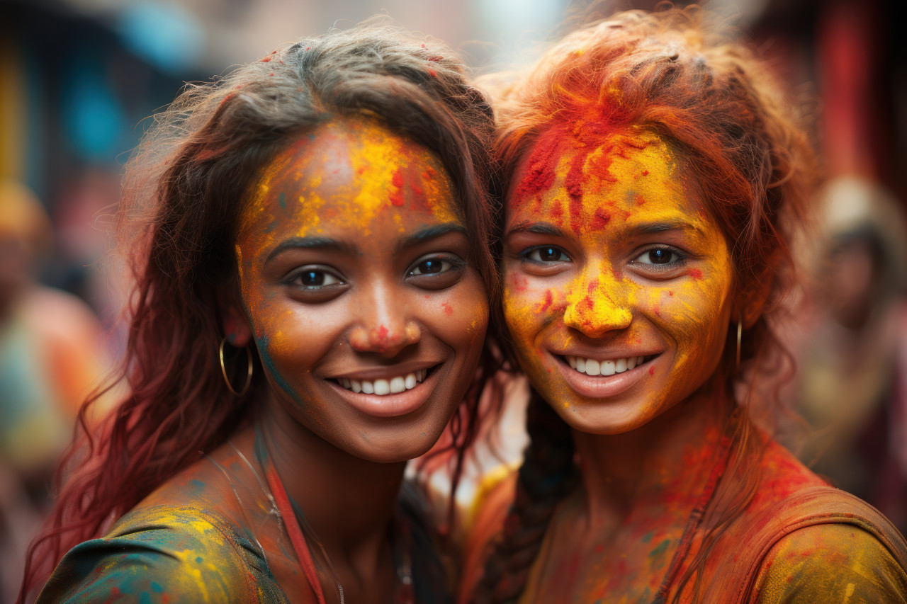 Women showcasing colorful face paint amid festivities, holi festival images hd