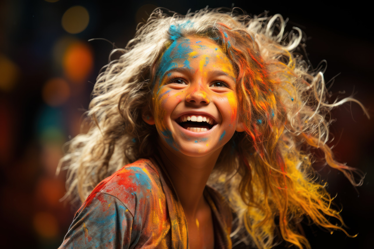 Happy young girl engaged in colorful powder celebration, holi festival images hd