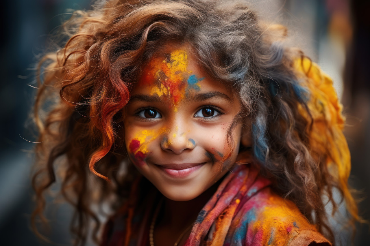Child girl reveling in colorful celebrations, holi festival image download