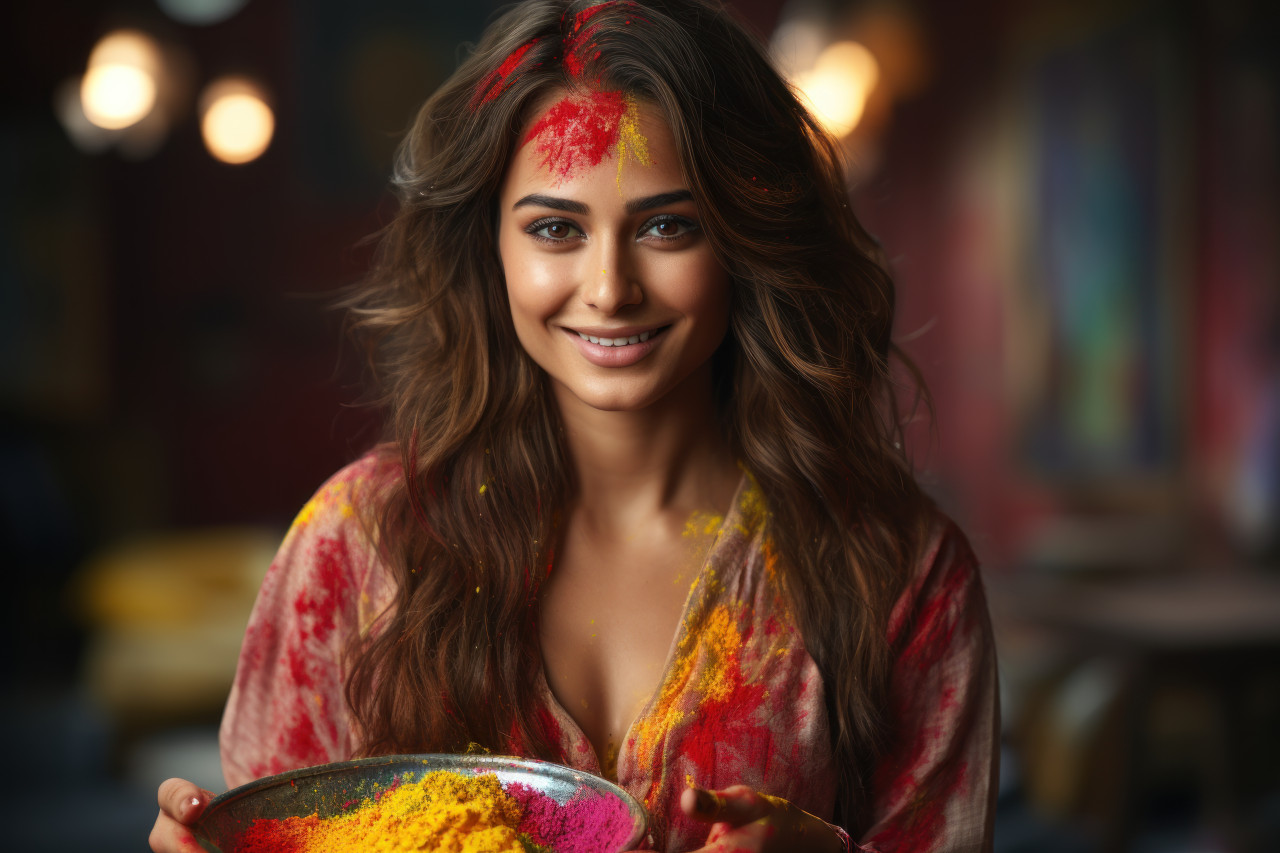 Happy woman enchants holi festival with powder in hand, holi festival image download