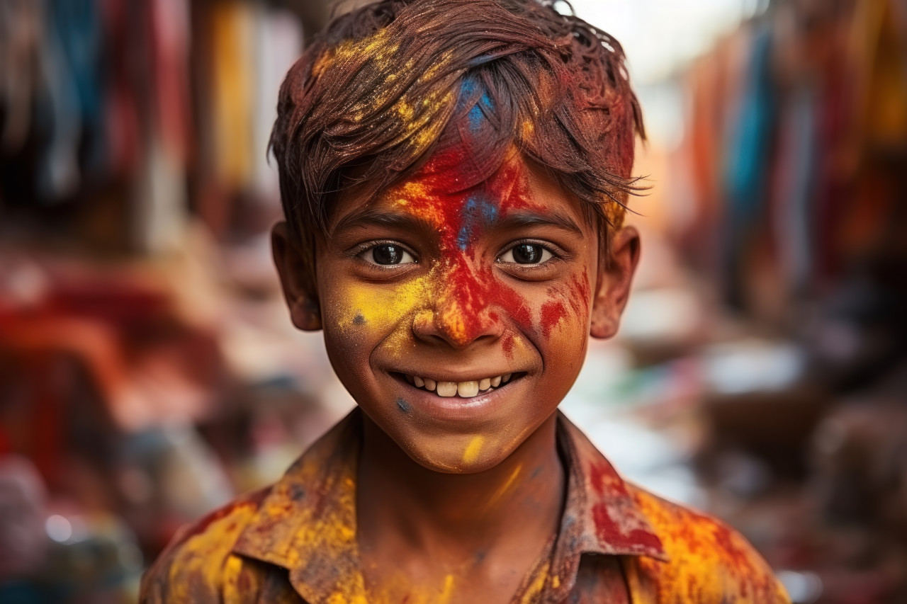 Boy adorned in a spectrum of paint colors, holi festival images hd