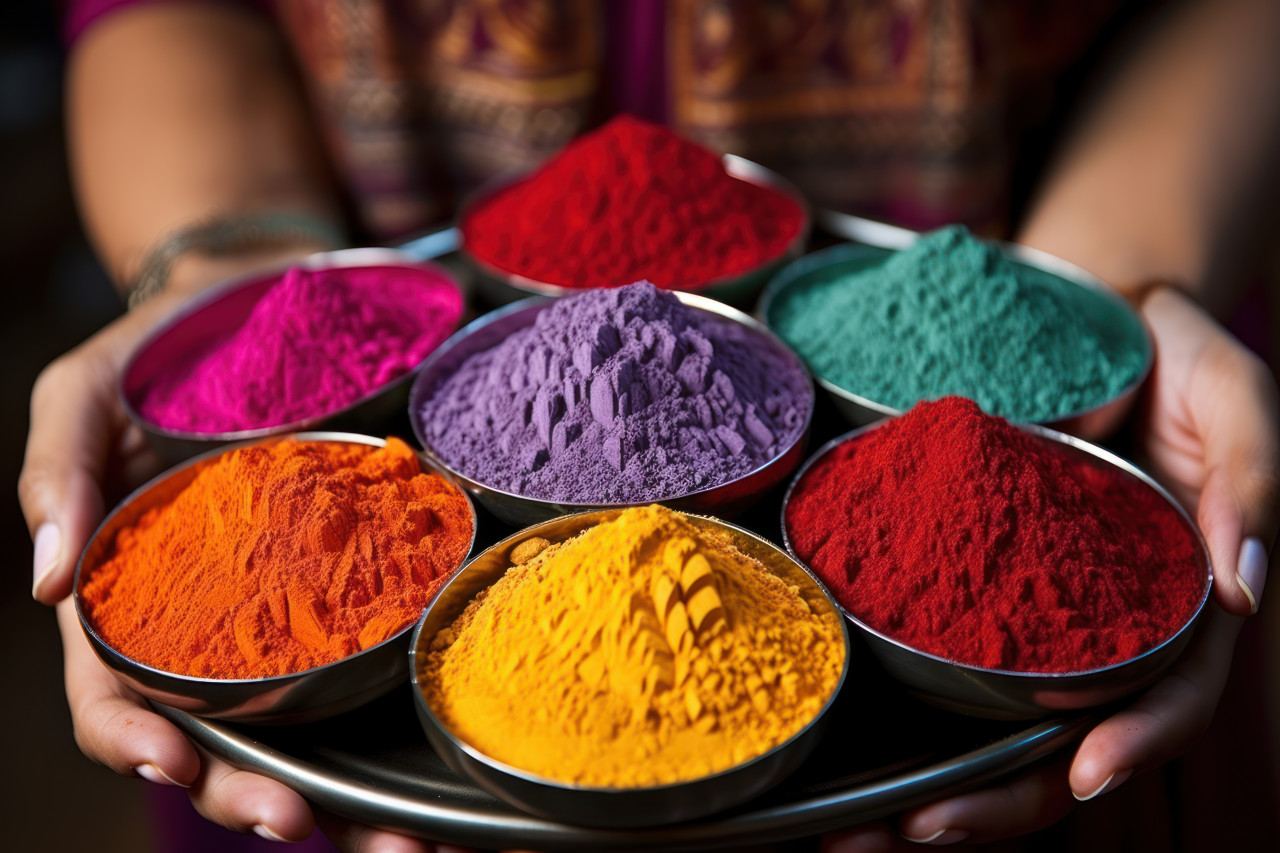 Woman showcasing colorful holi powders on plate, holi festival images hd