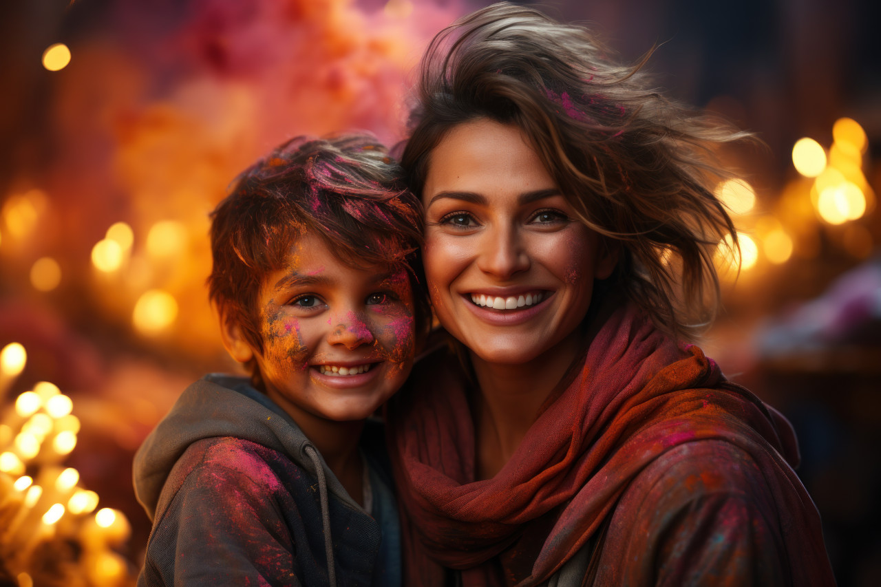 Joyful mother son duo in colorful powder, holi festival images hd